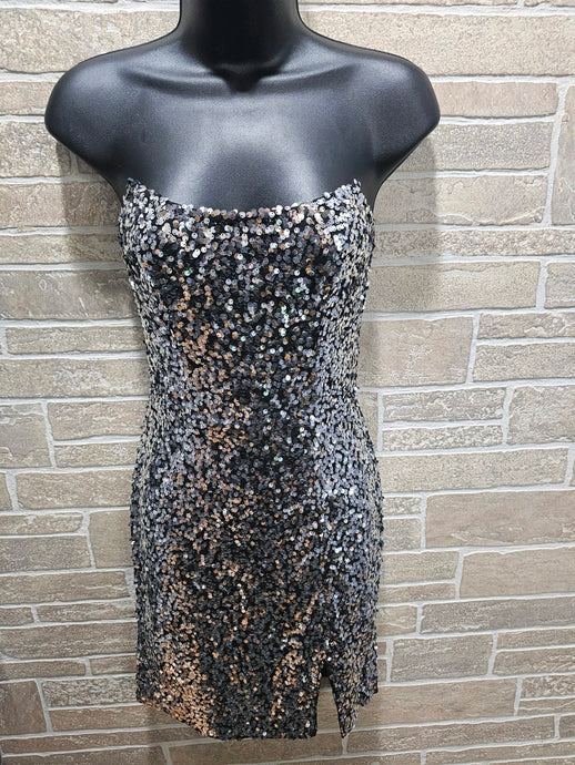 Black Silver Sequin Strapless Mini Dress 3/7/24 8175
