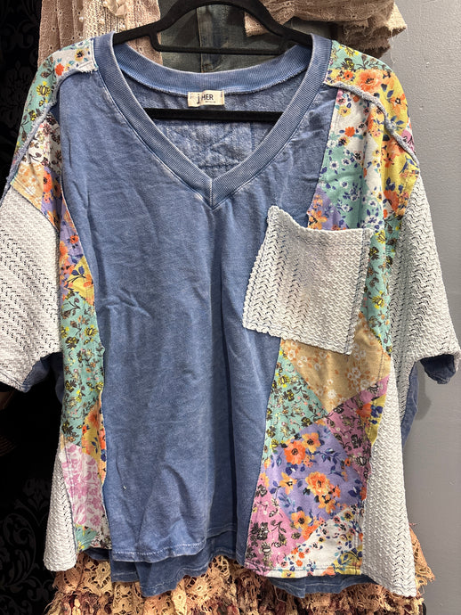 Denim Blue Mineral Washed Flower print Crochet pocket Vneck J.Her top
