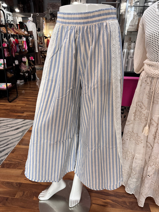 Light Blue Floral Eyelet Side Elastic Stripes Wide Leg Bibi Pants 5/27/26 1307