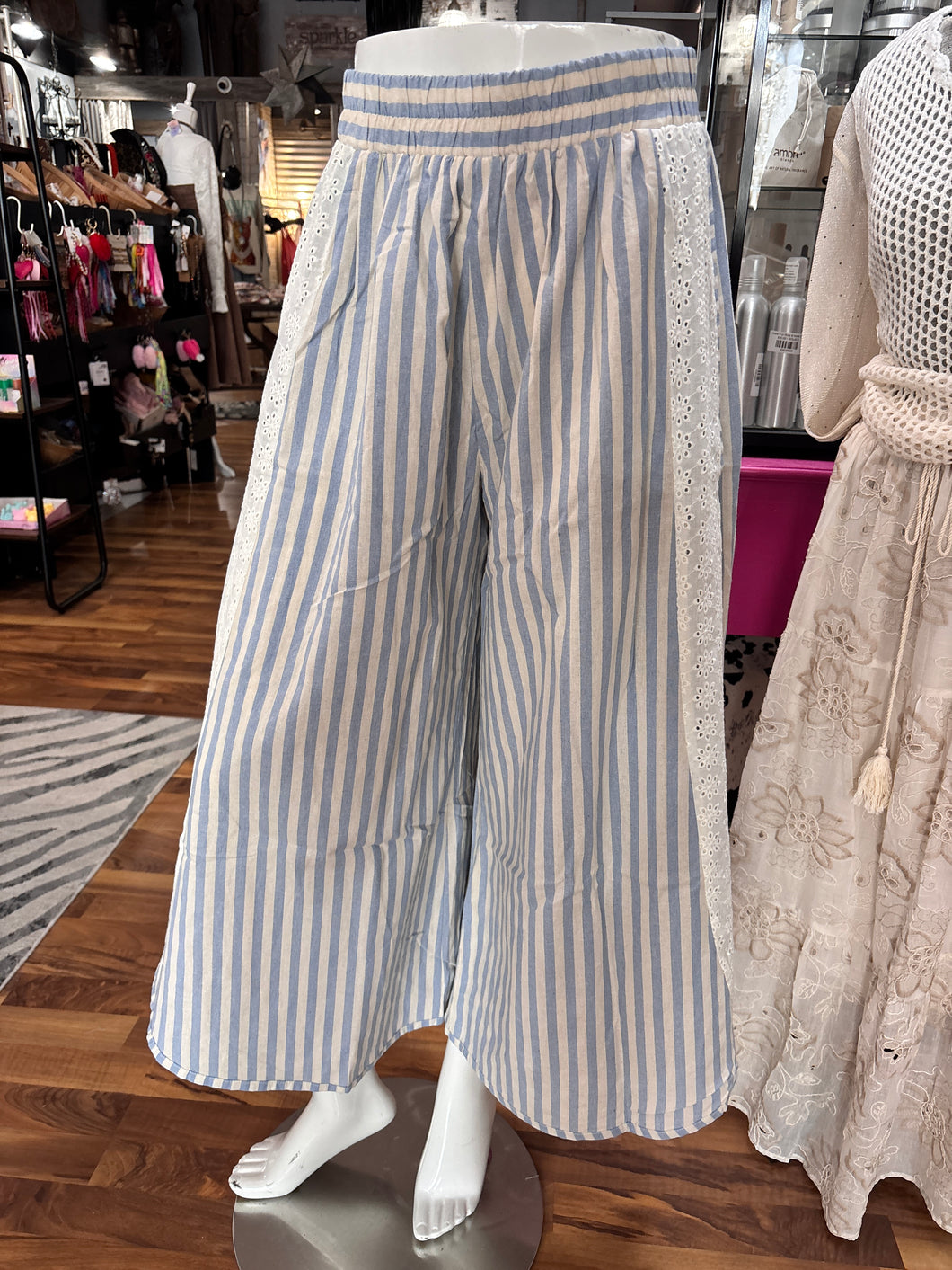 Light Blue Floral Eyelet Side Elastic Stripes Wide Leg Bibi Pants 5/27/26 1307