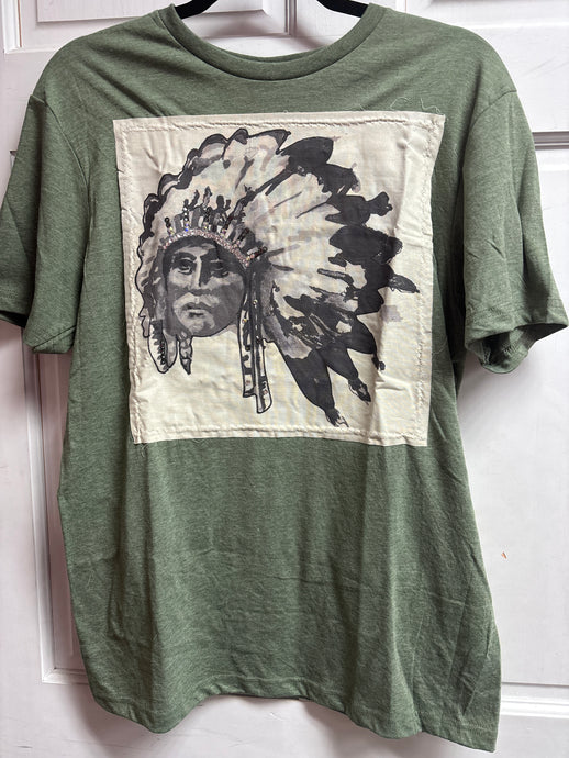 Bling Headdress Indian patch on Green Crew Tee
