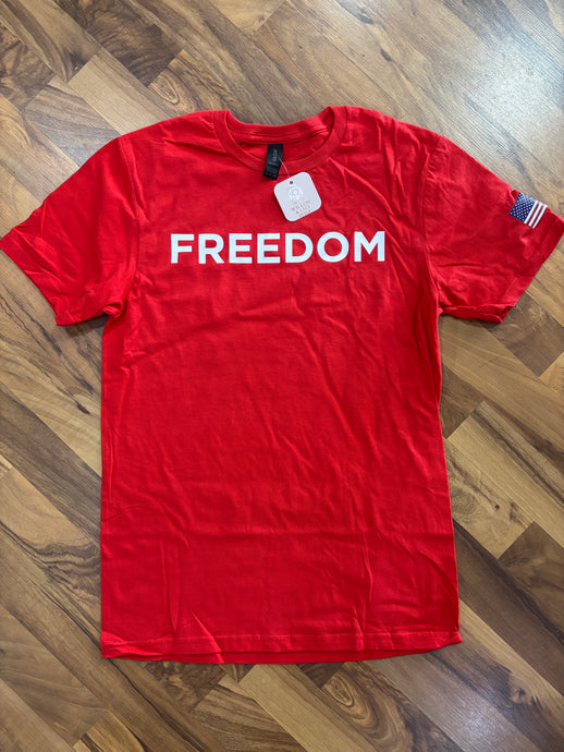 Red Freedom Unisex Crew Neck Tee with Flag Patch Sleeve 10/1/25 1177