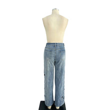 Blue Lace Cutout Rhinestone Denim Pants