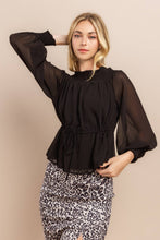Black Smocked Neck Sheer Sleeve Blouse Top