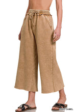 Crop Brown Acid Wash Fleece Palazzo Sweatpants With Pockets