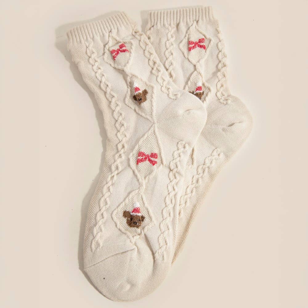 White Embroidered Christmas Reindeer Beige Socks