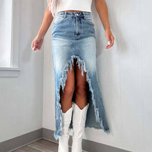 Blue High-Waisted Asymmetrical Frayed Denim Skirt