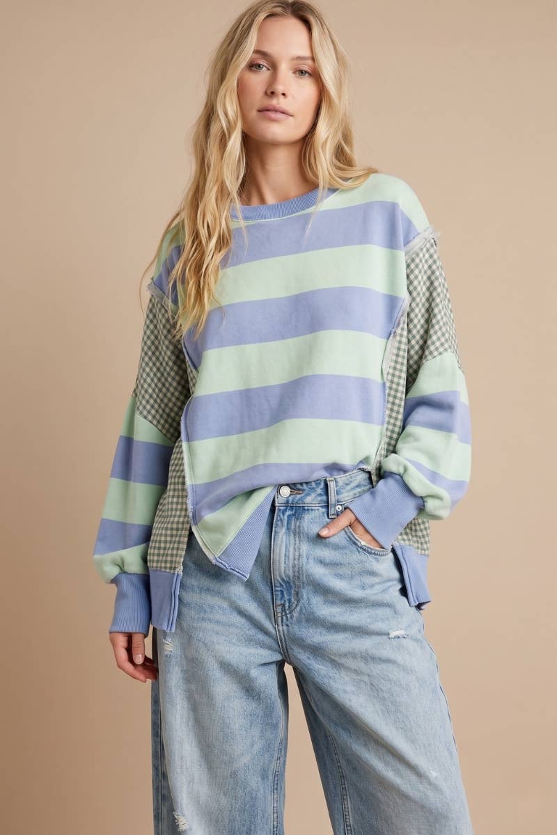 Mint Blue Mixed-Print Deconstructed Pullover
