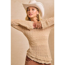 Tan Textured Lace Knit Diagonal Hemling Vell Sleeve Top