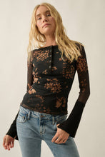 Black Floral-Print Mesh Raglan-Sleeve Split-Cuff Henley Top