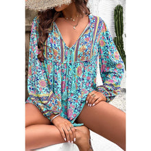 Blue All Over Floral Print Cross Deep V Boho Top