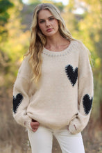 Oatmeal Long Sleeve Heart Patch Knit Sweater
