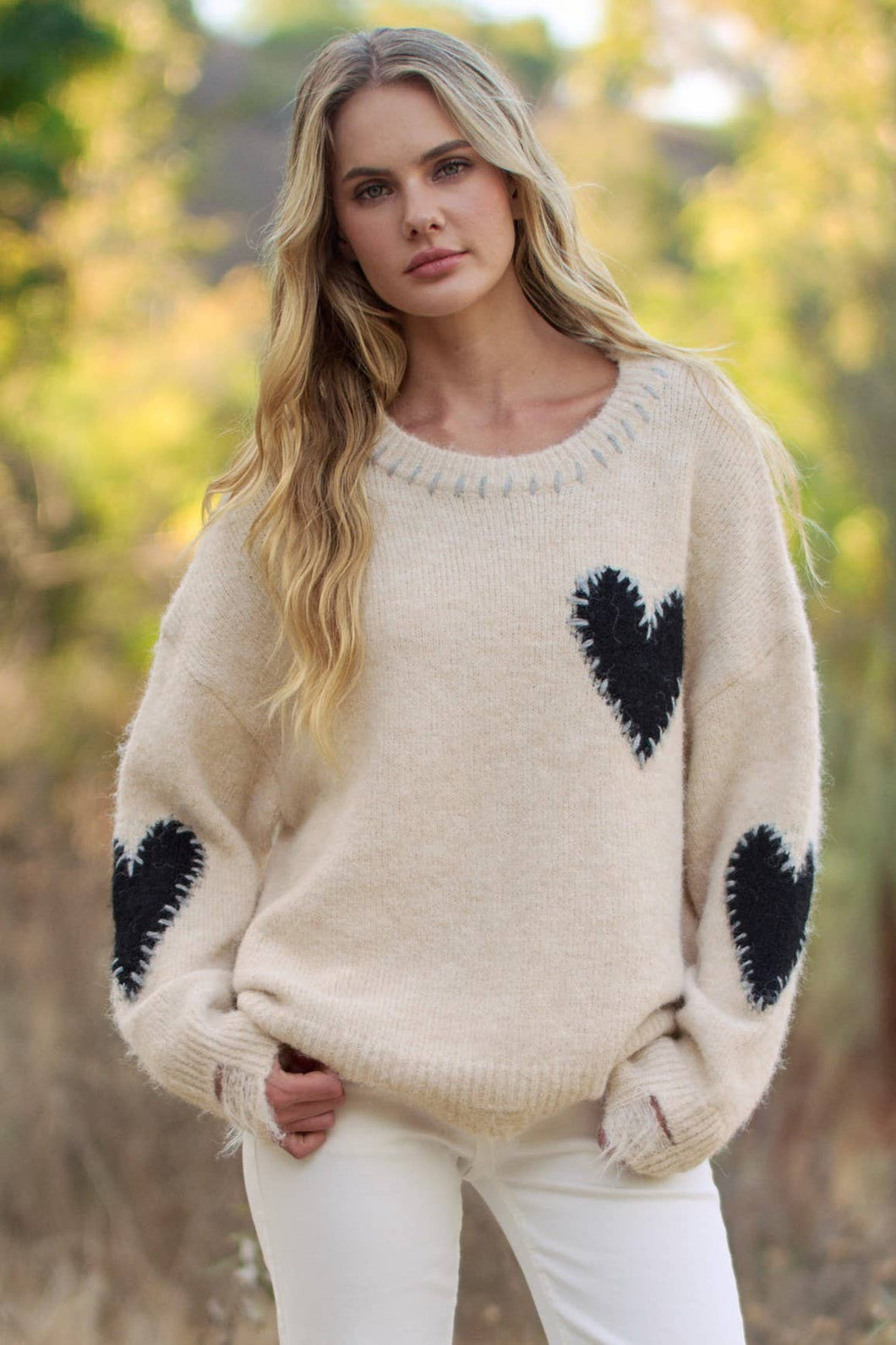Oatmeal Long Sleeve Heart Patch Knit Sweater