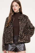 Taupe Black Long Sleeve Round Neck Printed Faux Fur Jacket