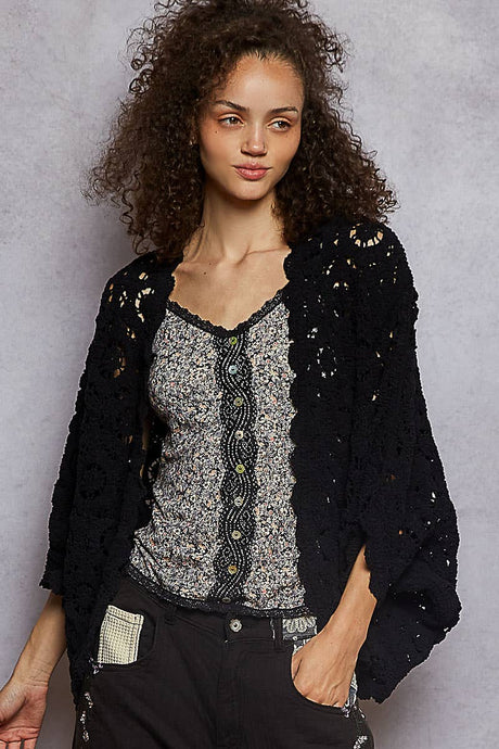 Black Long sleeve v neck floral pattern crochet chenille POL cardigan
