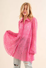 Hot Pink Lace Tunic Flow Hem Bell SLV Button Up Shirt