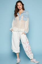 Denim Collared contrast ribbed panel lace crochet chest pocket POL top