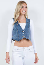 Dark Wash Rhinestone Cropped V Neck Denim Vest