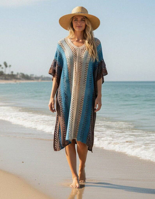 Blue Coffee Ombre Open Knit Crochet Tunic