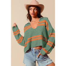FUZZY HAIRY STRIPE DEEP U NECK SWEATER TOP: MUSTARD/DT BLUE / XL