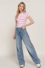 Off White Pink Short Sleeve Crew Neck Y/D Stripe Knit Crop Top