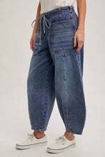 Med Wash Denim Mid Waist Drawstring Barrel Jeans