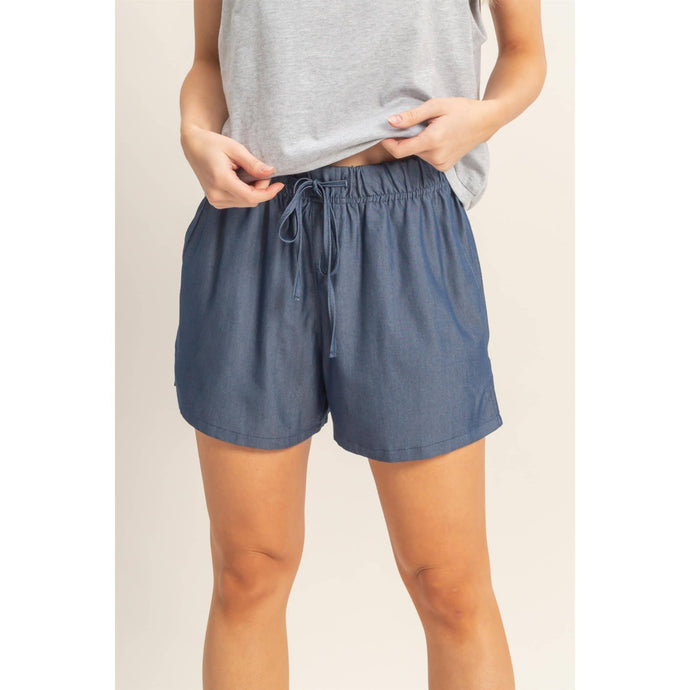 Dark Denim Elastic Waist Drawstring Shorts