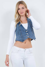 Dark Wash Rhinestone Cropped V Neck Denim Vest