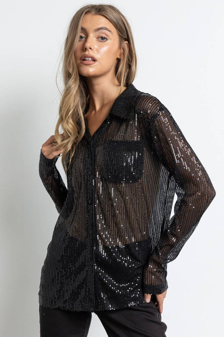 Black Sequined Button Down Long Sleeve Mesh Blouse Shirt