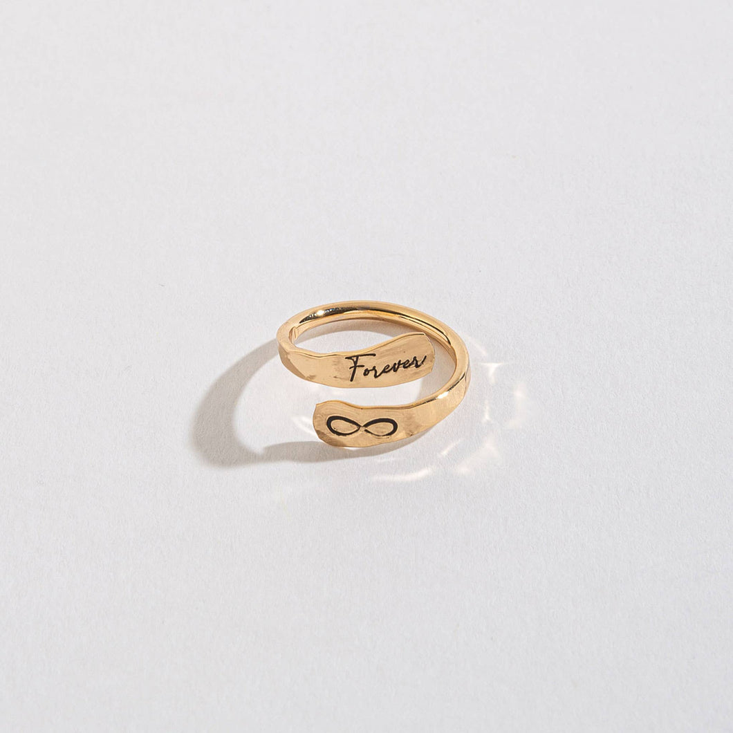 Gold Adjustable Ring Engraved Forever + Infinity