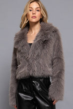 Grey Long Sleeve Notched Collar Faux Fur Cropped Jacket