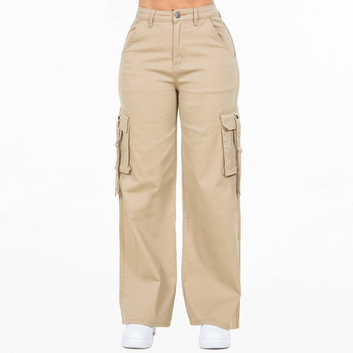 Khaki Wide Leg Cargo Pocket Pants