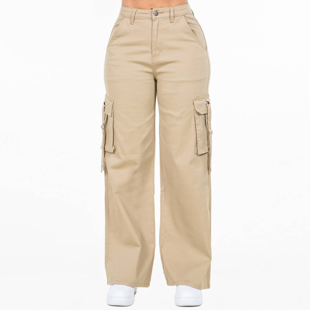 Khaki Wide Leg Cargo Pocket Pants