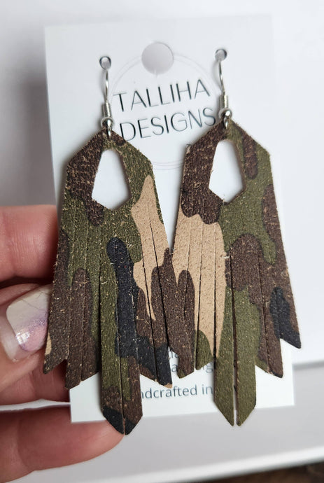 Camouflage Genuine Leather Boho Western Fringe Earrings