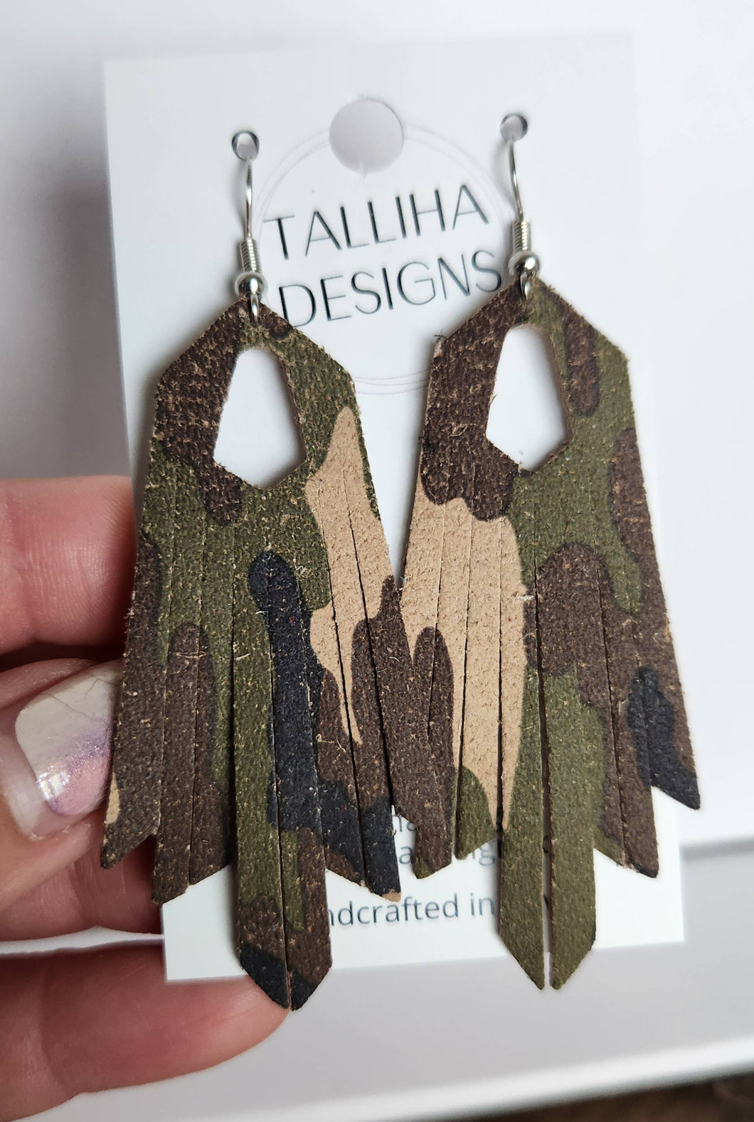 Camouflage Genuine Leather Boho Western Fringe Earrings
