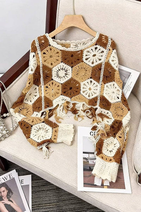 Brown Chic Crochet Fringe Knit Top