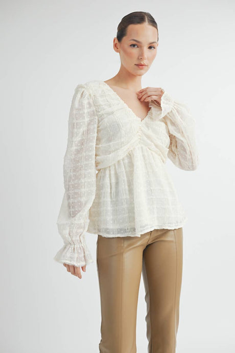 Ivory Sheer Textured V-Neck Blouse with Back Ribbon