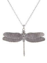 3D Silver Burnished Dragonfly Long Chain Necklace
