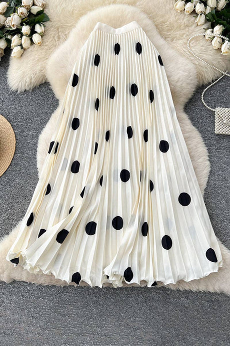 White Polka Dot Pleated Midi Skirt