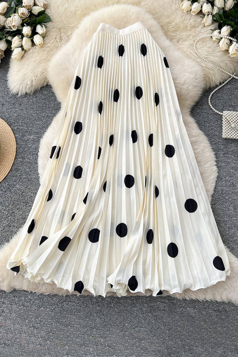 White Polka Dot Pleated Midi Skirt