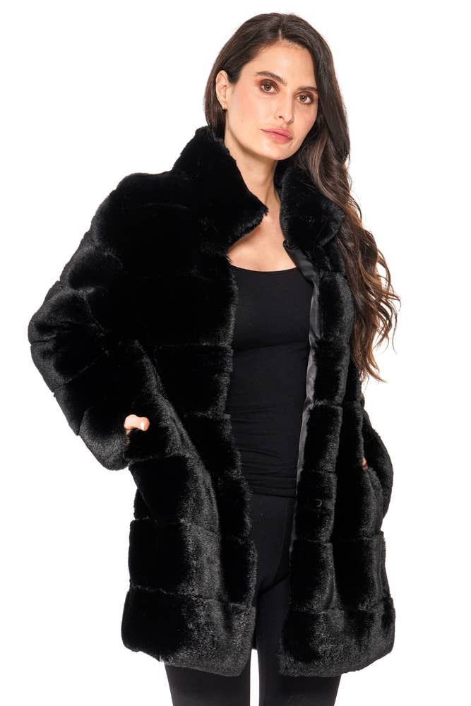 Classic Black Plush Faux Fur Coat