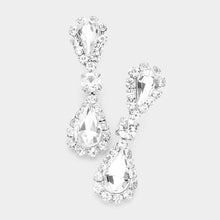 Saphire Silver Double Teardrop Accented Rhinestone Trimmed Dangle Evening Earrings