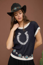Navy Horseshoe Short Sleeve Knit Sweater