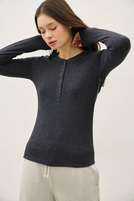 Heather Charcoal Modal Classic Ribbed Long Sleeve Henley Top