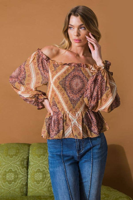 Brown printed woven top