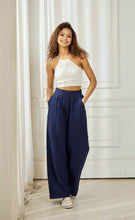 Navy Cotton Smocked Wide Leg Pants