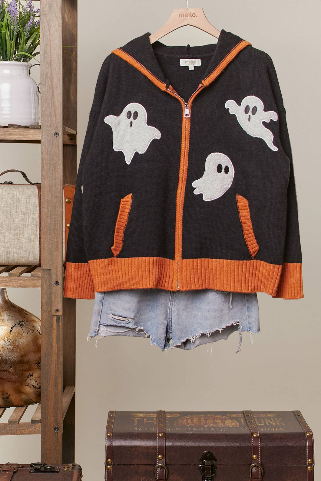 Black Halloween Ghost Patch Zip up Hoodie