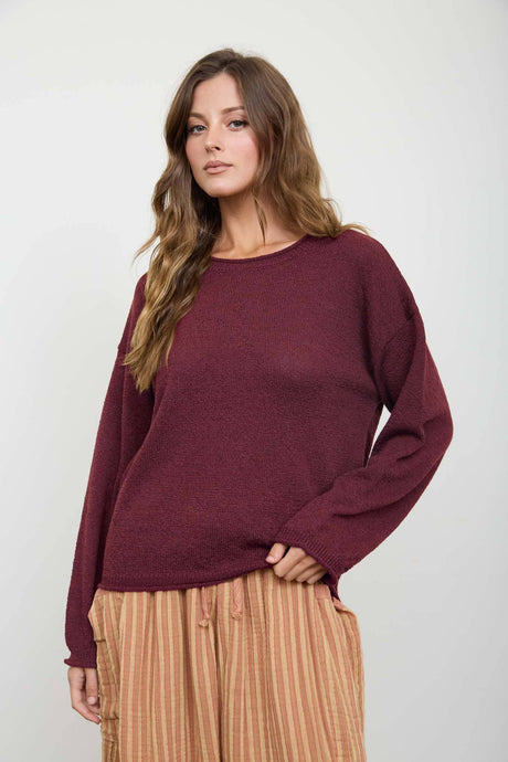 Oxblood Textured Raw Edge Long Sleeve Knit Sweater