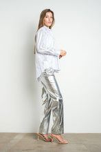 IT3269 Metallic Foil Long Sleeve Button Down Shirt: Silver / L