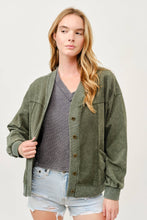 Green Washed Button-Front Cardigan Jacket with Pockets